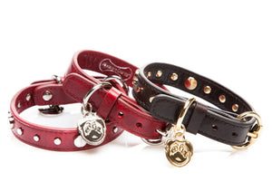 "Dante" Italian leather dog collars with custom pug face pendant.